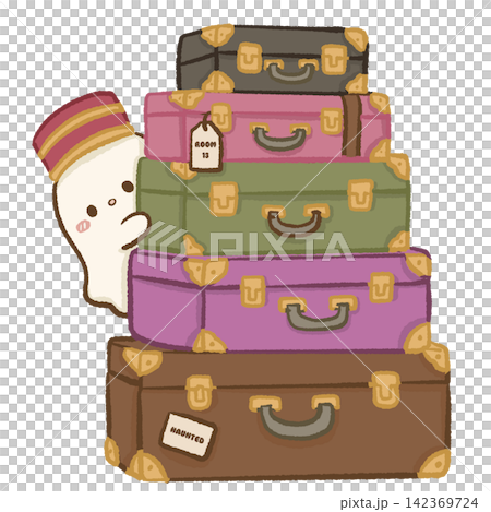Cute Chibi Ghost Bellhop Peeking Behind Stack Of Colorful Vintage Suitcases Haunted Hotel Luggage Bellboy Halloween Travel Spooky Kawaii Character Illustration Cute Chibi Ghost Bellhop Peeking Behind Stack Of Colorful Vintage Suitcases Haunted Hotel Luggage Bellboy Halloween Travel Spooky Kawaii Character Illustration 142369724