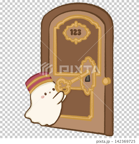Cute Chibi Ghost Bellhop Unlocking Vintage Hotel Room Door With Large Golden Key Haunted Hotel Halloween Spooky Hospitality Kawaii Character Illustration Cute Chibi Ghost Bellhop Unlocking Vintage Hotel Room Door With Large Golden Key Haunted Hotel Halloween Spooky Hospitality Kawaii Character Illustration 142369725