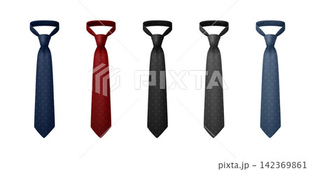 Necktie Set, Vector Illustration. Classic Neckties in Navy, Red, Black, Gray, Blue. Business Neckties for Office, Wedding, Suit, Corporate Dress Code, Fathers Day and Mens Fashion Formal Necktie 142369861