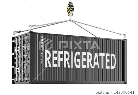Refrigerated shipping container lifted by crane hook. 3D rendering Refrigerated shipping container lifted by crane hook. 3D rendering 142370541