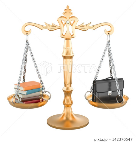 Balance scale with books and briefcase for education and career. 3D rendering Balance scale with books and briefcase for education and career. 3D rendering 142370547