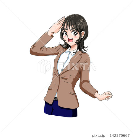 元気な女性キャラクターの挨拶ポーズ 元気な女性キャラクターの挨拶ポーズ 142370667