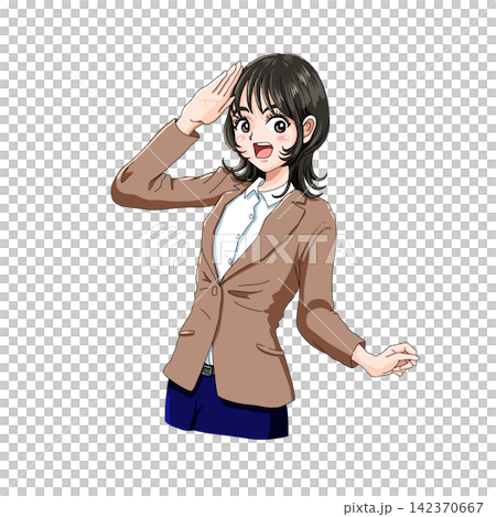 元気な女性キャラクターの挨拶ポーズ 元気な女性キャラクターの挨拶ポーズ 142370667