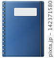 Blue spiral notebook with elastic band closure, stitched cover, and blank name label sticker for school and office supplies, isolated on transparent background illustration. 142371580