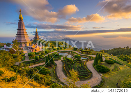Thai Pagodas and Mountain Garden at Golden Sunset 142372016
