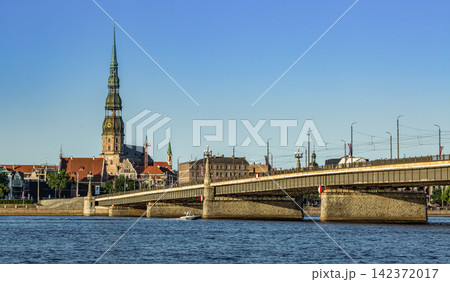 Riga Old Town Skyline with St Peter's Church and Daugava Bridge 142372017