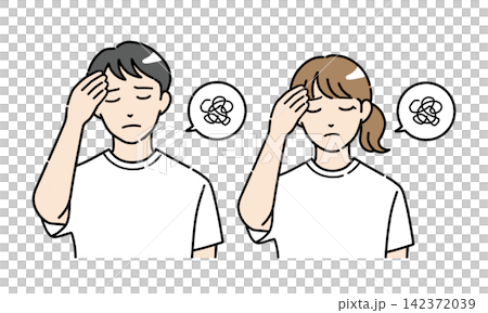 一組插圖,描繪了身著便服的年輕男女,他們神情憂鬱,雙手抱頭。 一組插圖,描繪了身著便服的年輕男女,他們神情憂鬱,雙手抱頭。 142372039