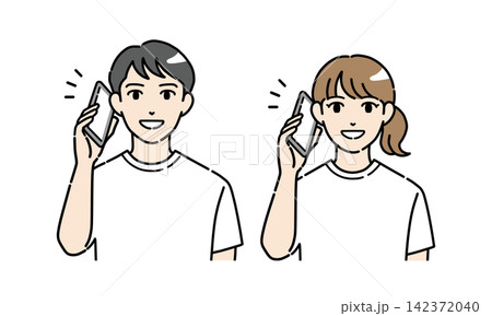 スマホで通話する普段着の若い男女のイラストセット スマホで通話する普段着の若い男女のイラストセット 142372040