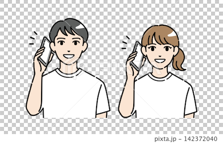 A set of illustrations of young men and women in casual clothes talking on their smartphones. 142372040