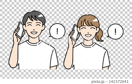 一組插圖,描繪了一對穿著休閒服的年輕男女微笑著打電話。 一組插圖,描繪了一對穿著休閒服的年輕男女微笑著打電話。 142372041