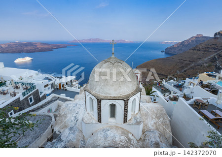 Santorini Church Dome Over Caldera Sea View in Greece 142372070