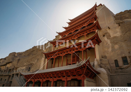 Ancient Chinese Temple Facade at Desert Cave Monastery 142372092