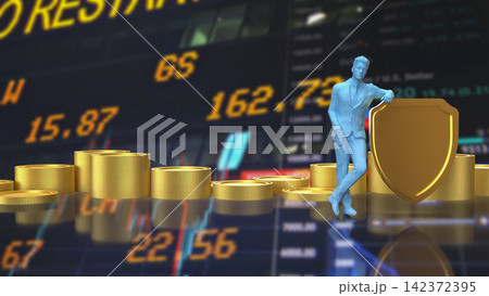 Businessman Protecting Investments With Golden Shield 3d render. Businessman Protecting Investments With Golden Shield 3d render. 142372395