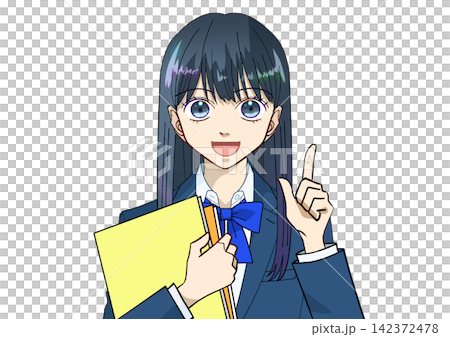 一幅動漫風格的插圖,描繪了一名女學生手持書或筆記本,面帶微笑,指著前方,背景為白色。 一幅動漫風格的插圖,描繪了一名女學生手持書或筆記本,面帶微笑,指著前方,背景為白色。 142372478
