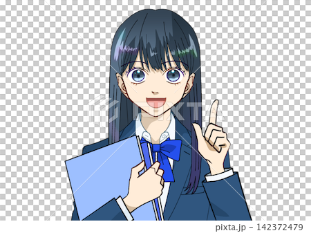 An anime-style illustration of a female student holding a book or notebook, smiling and pointing, against a white background. An anime-style illustration of a female student holding a book or notebook, smiling and pointing, against a white background. 142372479