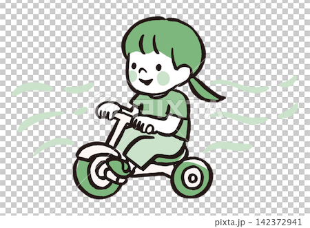 女孩騎三輪車的插圖 | 兒童和幼兒在戶外、公園和車輛中玩耍 142372941
