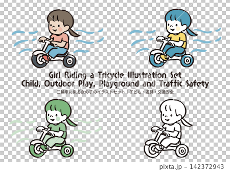 Illustration set of a girl riding a tricycle | Children's outdoor play, toddlers, parks, traffic safety Illustration set of a girl riding a tricycle | Children's outdoor play, toddlers, parks, traffic safety 142372943