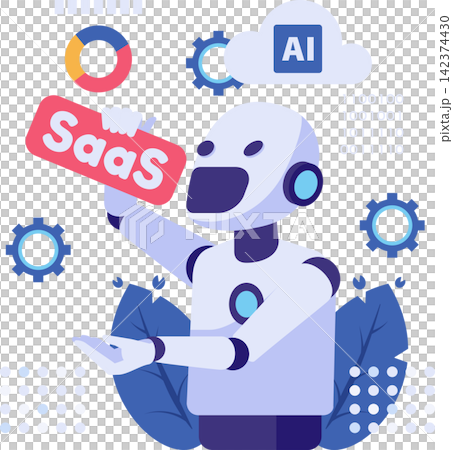 AI Disrupting SaaS Concept with Robot Consuming SaaS Symbol AI Disrupting SaaS Concept with Robot Consuming SaaS Symbol 142374430