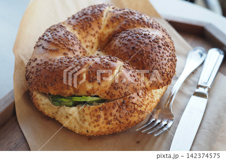 Sesame seed bread on a tray Sesame seed bread on a tray 142374575