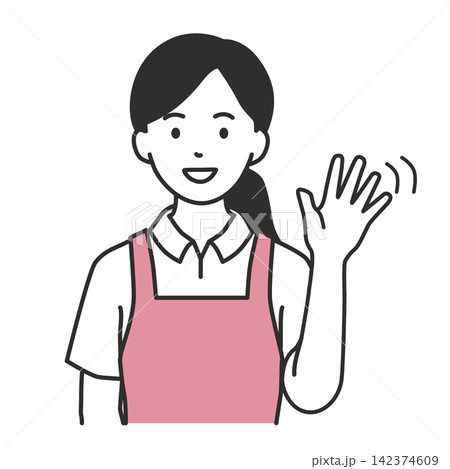 笑顔で手を振って挨拶・お見送りをする女性介護士 笑顔で手を振って挨拶・お見送りをする女性介護士 142374609