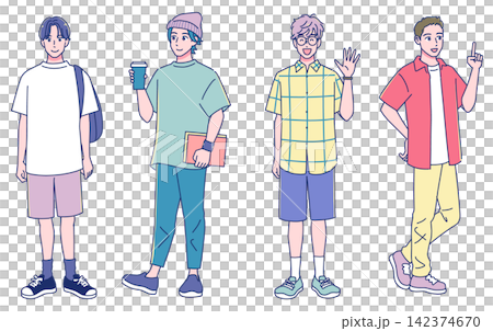 夏のファッション　元気な若い男子学生のセット 142374670