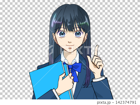 An anime-style illustration of a female student smiling and pointing while holding a light blue book or notebook, against a white background. 142374791