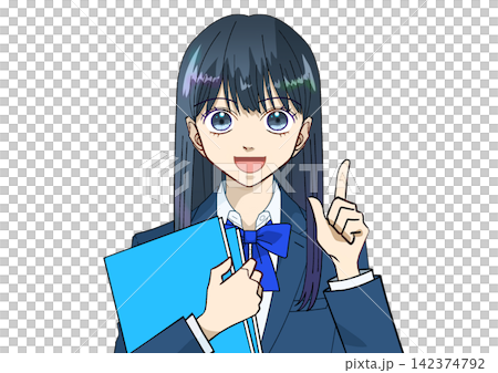 An anime-style illustration of a female student smiling and pointing while holding a light blue book or notebook, against a white background. An anime-style illustration of a female student smiling and pointing while holding a light blue book or notebook, against a white background. 142374792