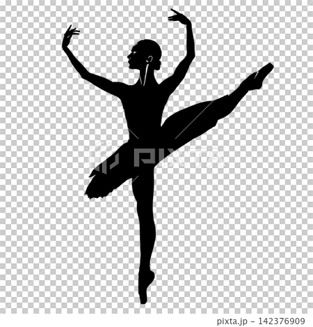 黑色剪影勾勒出芭蕾舞者優美的站立姿態。 黑色剪影勾勒出芭蕾舞者優美的站立姿態。 142376909