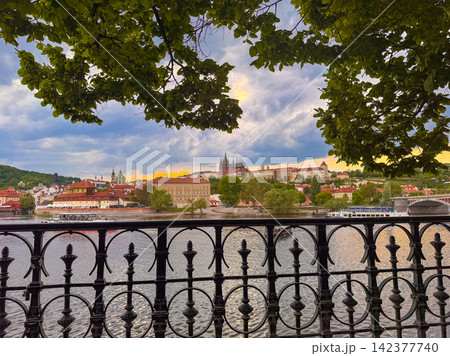 View of Prague Castle and Vltava River from a park during sunset View of Prague Castle and Vltava River from a park during sunset 142377740