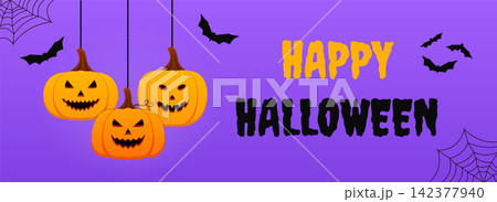 Happy Halloween Banner with Hanging Pumpkins and Bats Happy Halloween Banner with Hanging Pumpkins and Bats 142377940