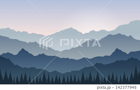 Mountain Peaks and Pine Forest Landscape Illustration Mountain Peaks and Pine Forest Landscape Illustration 142377948
