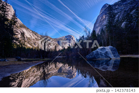 Yosemite Mountain Lake Reflection with Granite Cliffs and Blue Sky Yosemite Mountain Lake Reflection with Granite Cliffs and Blue Sky 142378143