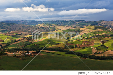 Panoramic Rural Landscape with Rolling Hills and Farmland Panoramic Rural Landscape with Rolling Hills and Farmland 142378237