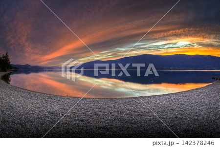 Sunset Lake Panorama with Mountain Reflections and Dramatic Sky 142378246