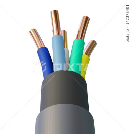 Colorful Copper Electrical Wires in 3D Cable Cutaway Colorful Copper Electrical Wires in 3D Cable Cutaway 142378401