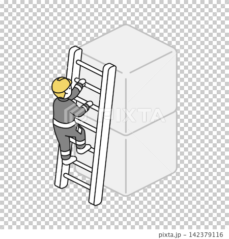 Isometric illustration: A worker climbing a square box using a ladder. Isometric illustration: A worker climbing a square box using a ladder. 142379116