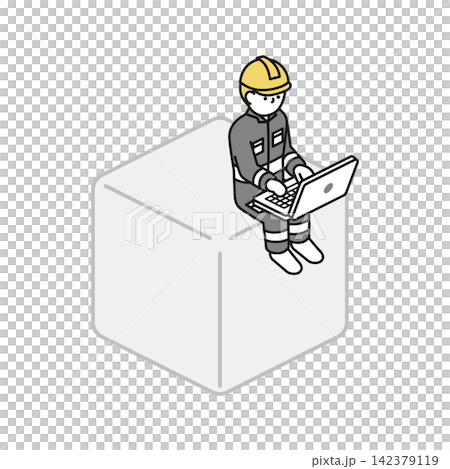 Isometric illustration: A worker sitting in a square box operating a PC. Isometric illustration: A worker sitting in a square box operating a PC. 142379119