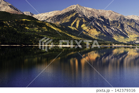 Mountain Lake Reflection with Autumn Forest and Snowy Peaks 142379316