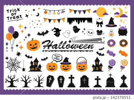 ジャックオーランタンやお化けが賑やかに並ぶ可愛いハロウィンのカットイラストセット 142379551