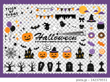 ジャックオーランタンやお化けが賑やかに並ぶ可愛いハロウィンのカットイラストセット 142379551