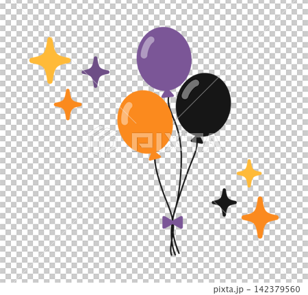 A cut illustration of Halloween-colored balloons and sparkling popping stars. A cut illustration of Halloween-colored balloons and sparkling popping stars. 142379560