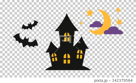 A spooky, ruined building silhouette for Halloween, standing tall against a night sky illuminated by a crescent moon and stars. A spooky, ruined building silhouette for Halloween, standing tall against a night sky illuminated by a crescent moon and stars. 142379564