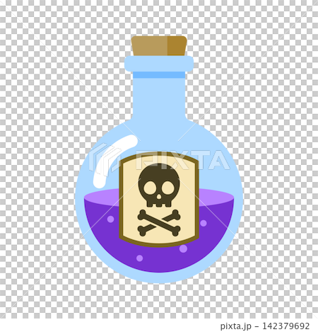 Purple poison in a round-bottom flask; labeled with a skull and bone icon. Purple poison in a round-bottom flask; labeled with a skull and bone icon. 142379692