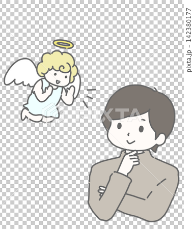 A man smiles after listening to the angel's advice. A man smiles after listening to the angel's advice. 142380177