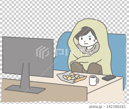 完全防備で怖いもの鑑賞会をする男性 完全防備で怖いもの鑑賞会をする男性 142380281