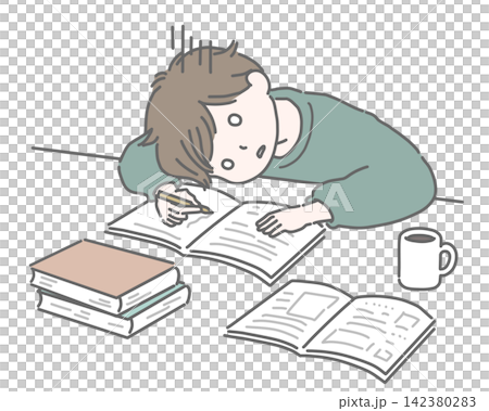 A man slumps over, having hit a wall in his studies. A man slumps over, having hit a wall in his studies. 142380283