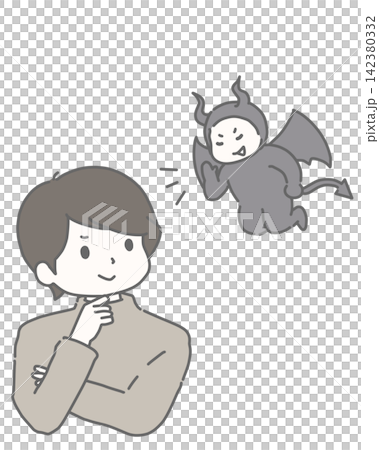 一個微笑的男人正在聆聽魔鬼的誘惑。 一個微笑的男人正在聆聽魔鬼的誘惑。 142380332