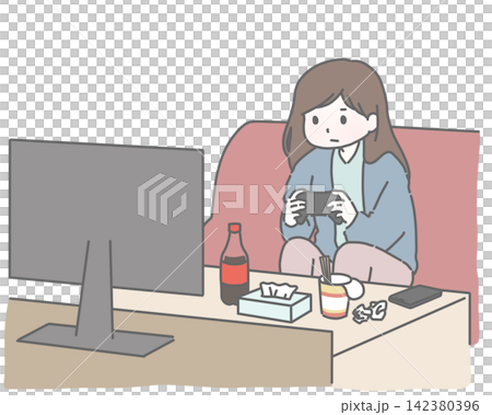 ソファでゲームに没頭する女性 142380396