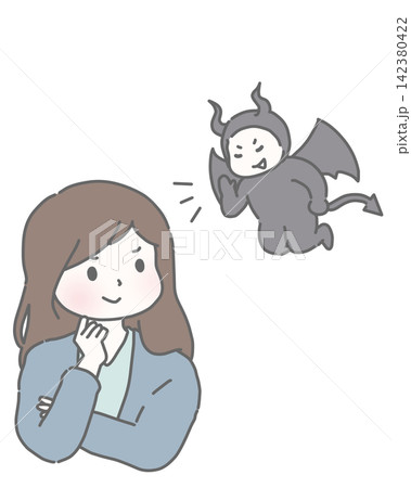 悪魔の誘惑に耳を傾ける笑顔の女性  142380422