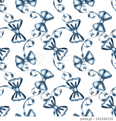 A seamless pattern of blue bows and ribbons. Hand drawn watercolor illustration. Ideal for textiles, tablecloths and curtains, as well as for prints on clothing, wrapping paper, wallpaper and more. 142380520